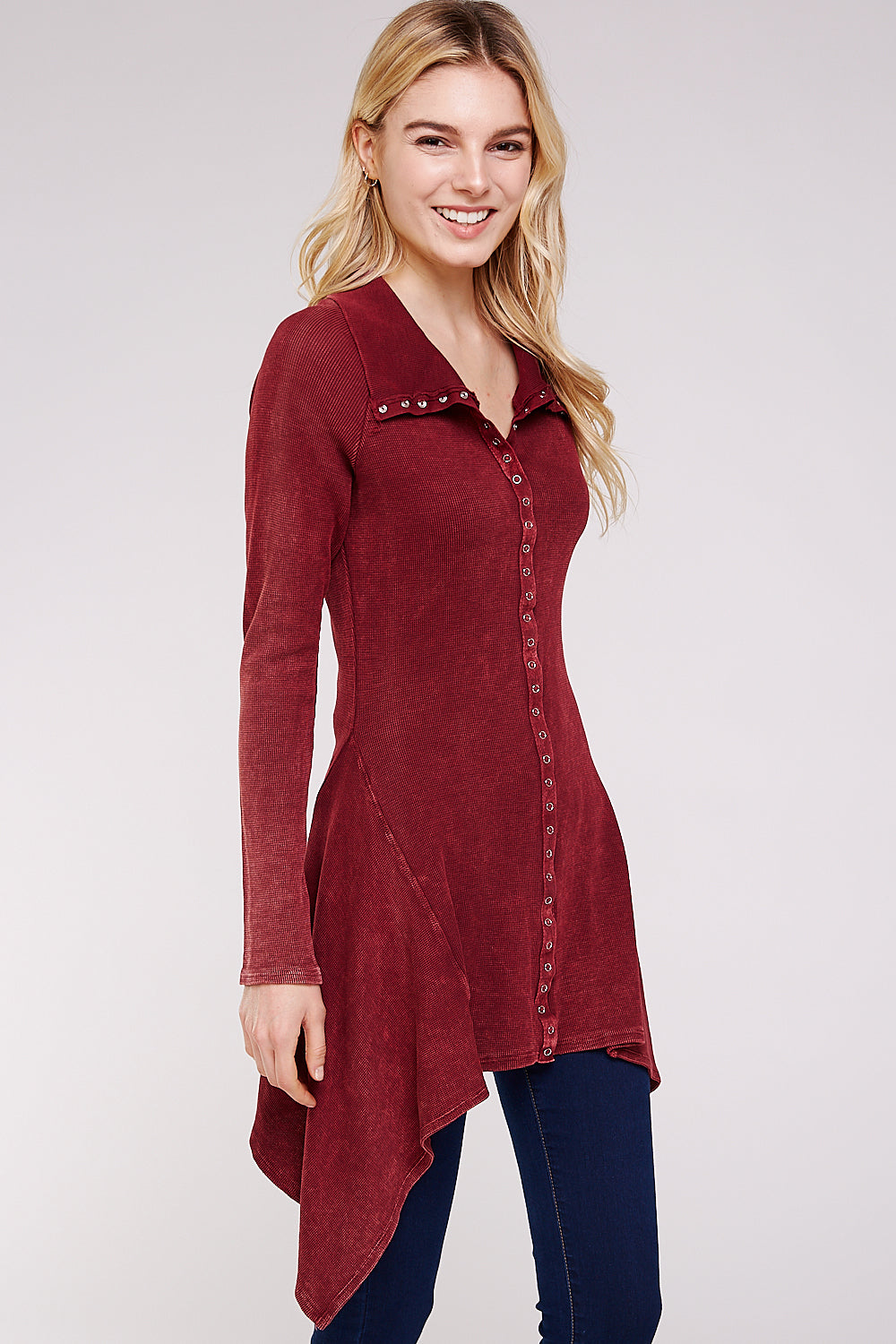 Soft Mineral Washed Long Sleeve  Thermal Tunic Outwear/Button Collar Neckline