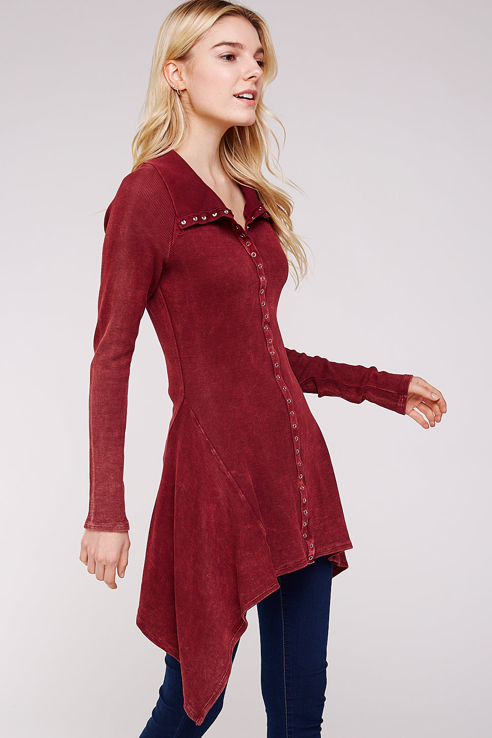 Soft Mineral Washed Long Sleeve  Thermal Tunic Outwear/Button Collar Neckline