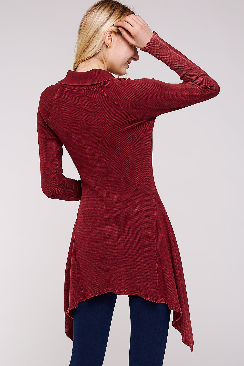 Soft Mineral Washed Long Sleeve  Thermal Tunic Outwear/Button Collar Neckline