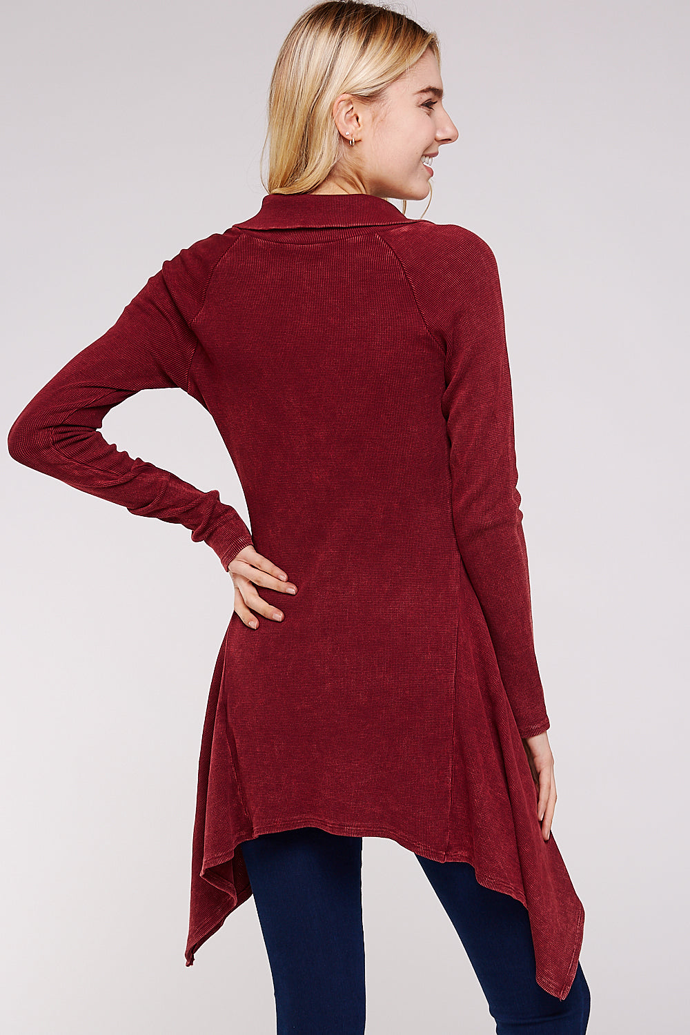 Soft Mineral Washed Long Sleeve  Thermal Tunic Outwear/Button Collar Neckline