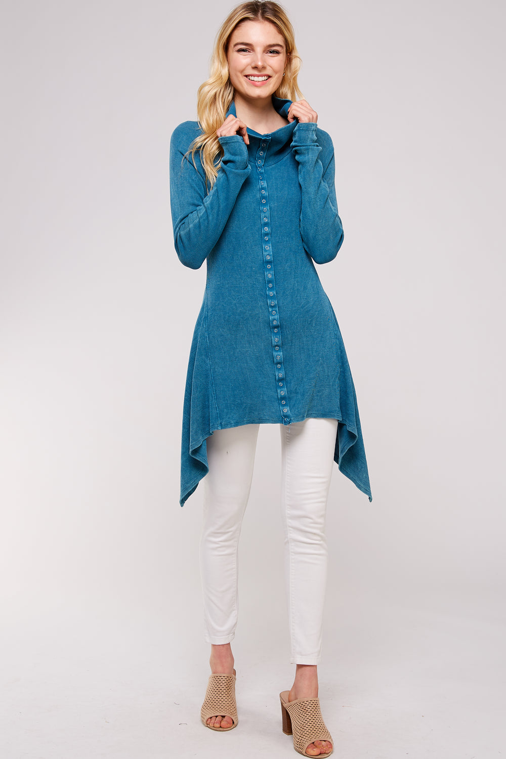 Soft Mineral washed Long sleeve Thermal Tunic Outerwear/Button down Coll