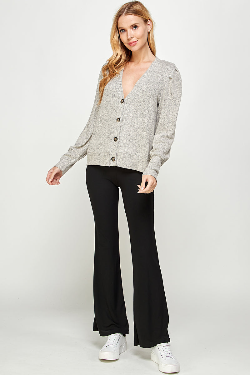 Oatmeal Taupe Super Soft Brushed Hacci Long Sleeve Button Down V-Line Cardigan