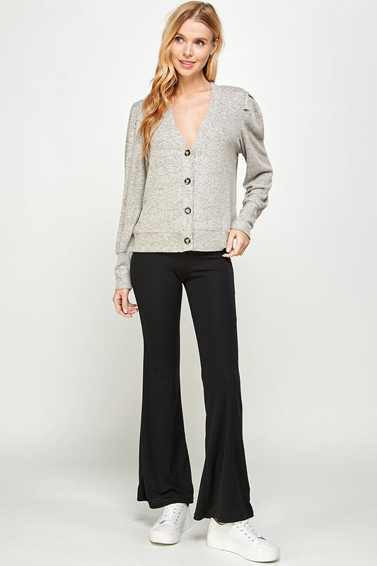 Oatmeal Taupe Super Soft Brushed Hacci Long Sleeve Button Down V-Line Cardigan