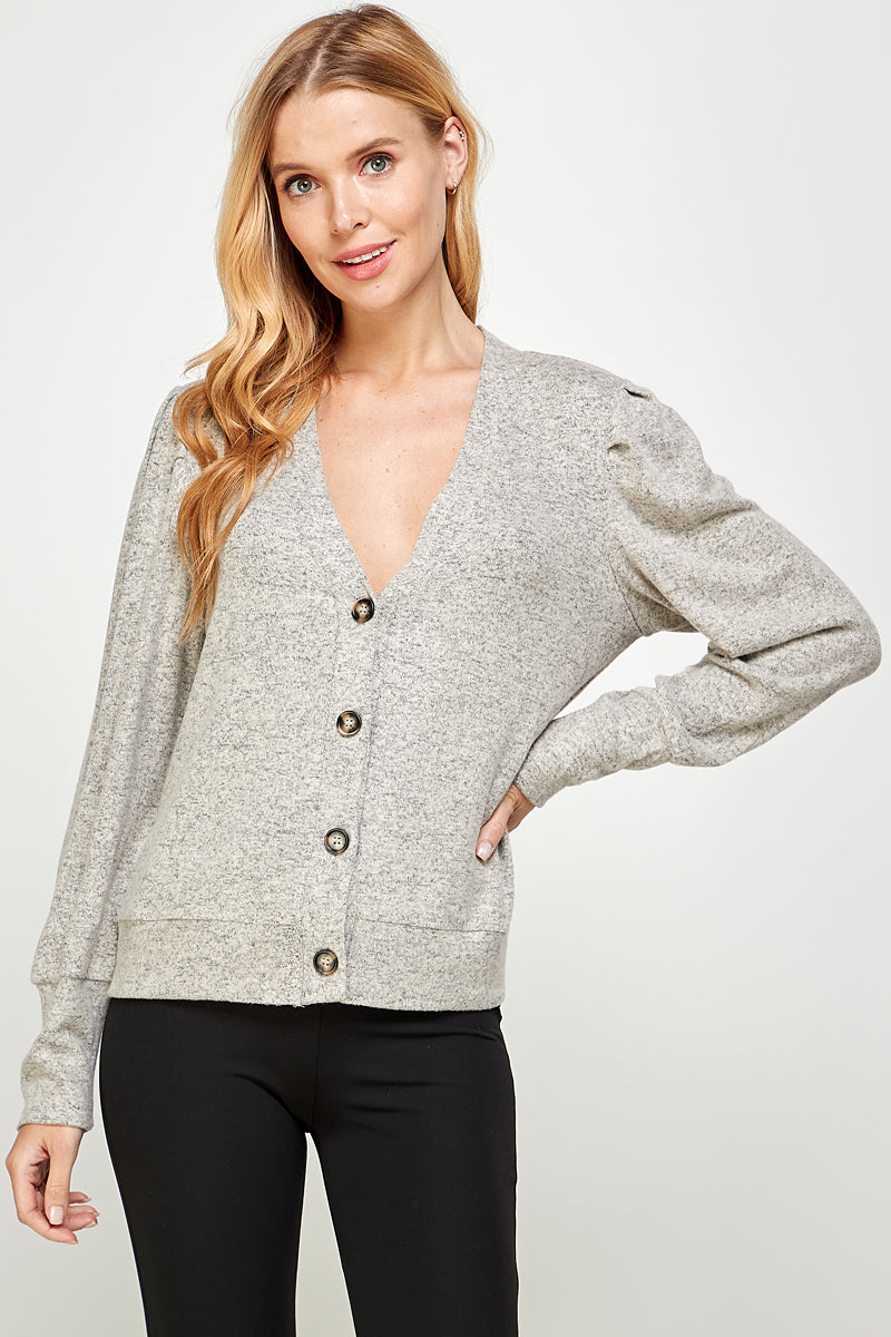 Oatmeal Taupe Super Soft Brushed Hacci Long Sleeve Button Down V-Line Cardigan