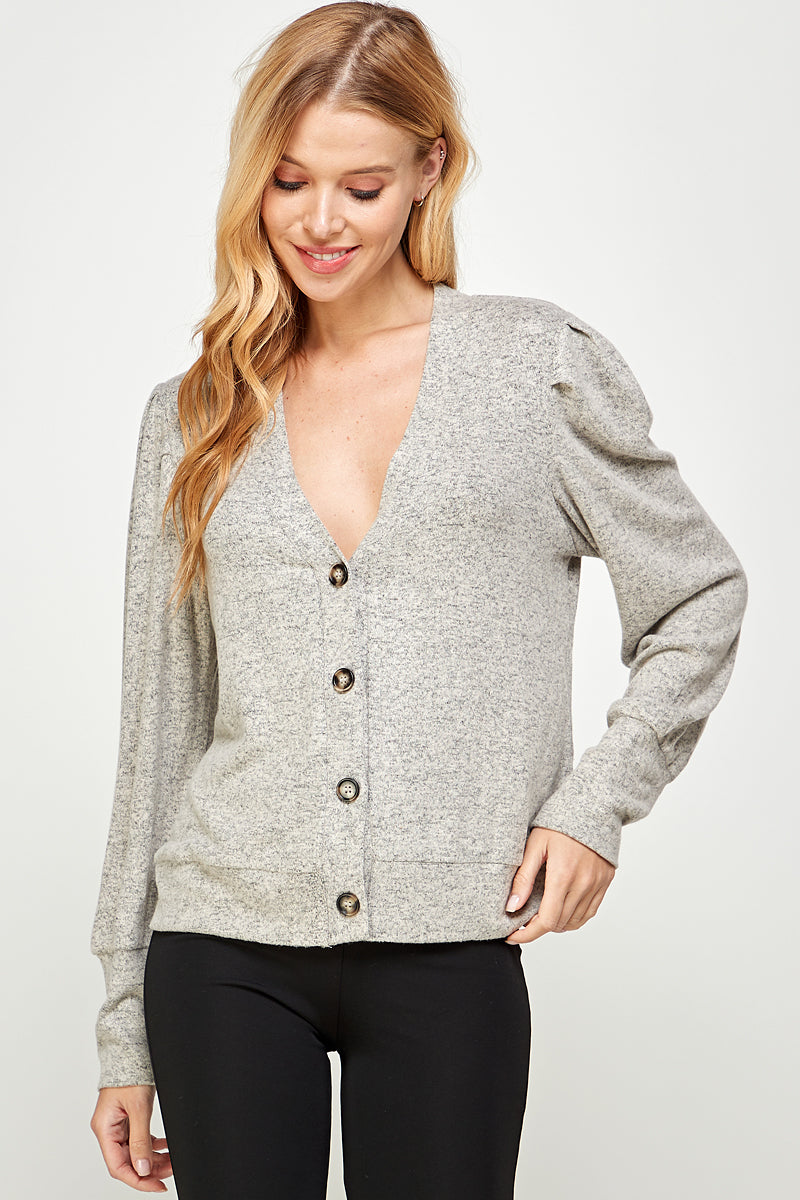 Oatmeal Taupe Super Soft Brushed Hacci Long Sleeve Button Down V-Line Cardigan