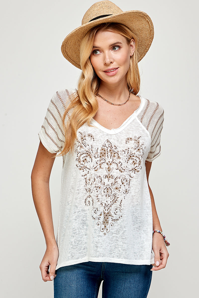 Soft Ivory White Oversized Burnout Tee Stripped With Embellished Graphic Design