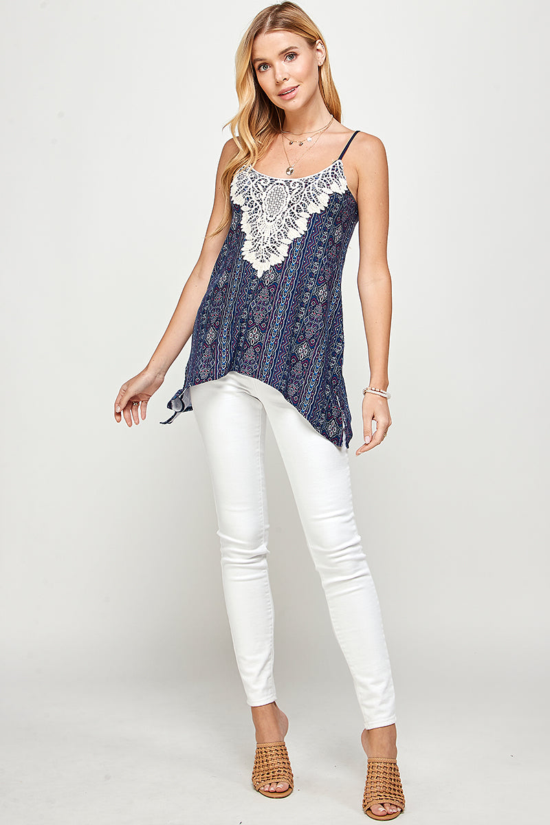 Women's Top - Navy Blue Floral Crochet Camisole