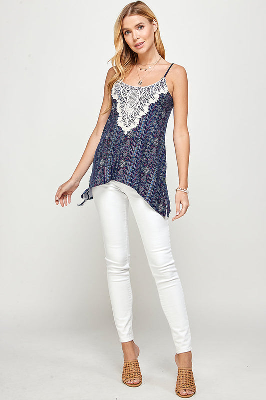 Women's Top - Navy Blue Floral Crochet Camisole