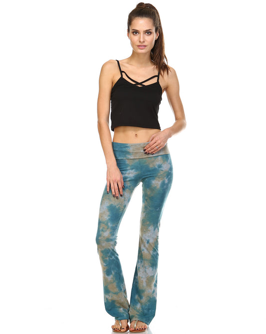 Taupe & Teal Cloud Tie Dye Yoga Pants For Women