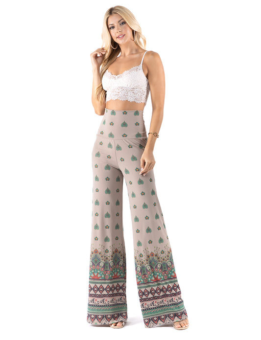 Tan & Green Floral High Waist Palazzo Pants