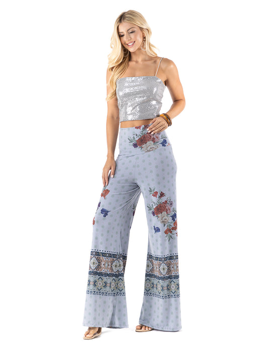 Blue Red Floral Print High Waist Palazzo Pants