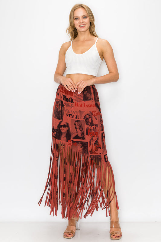 Sublimation Magazine Printed Elastic Waist Fringe Skirt