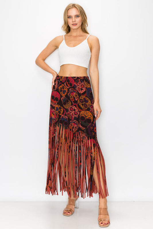 Asymmetric Skull Printed Women Fringe Skirt