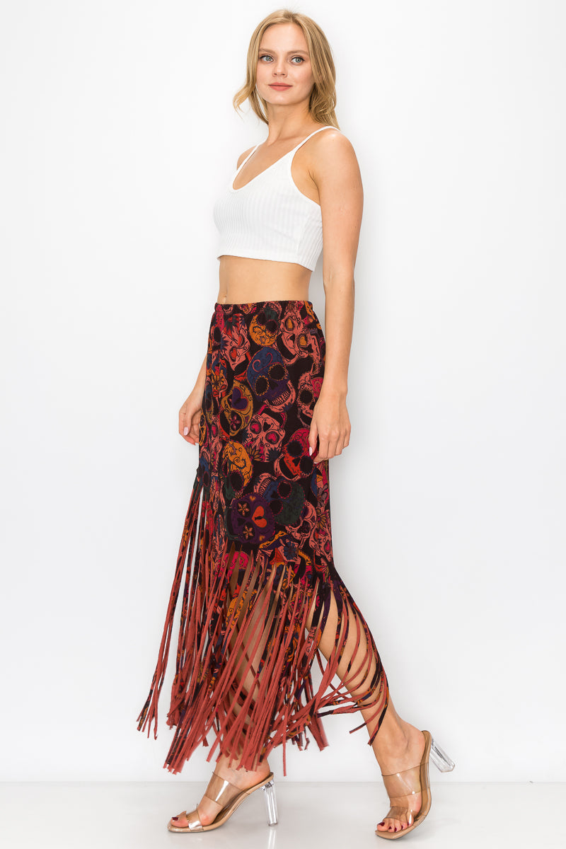 Asymmetric Skull Printed Women Fringe Skirt