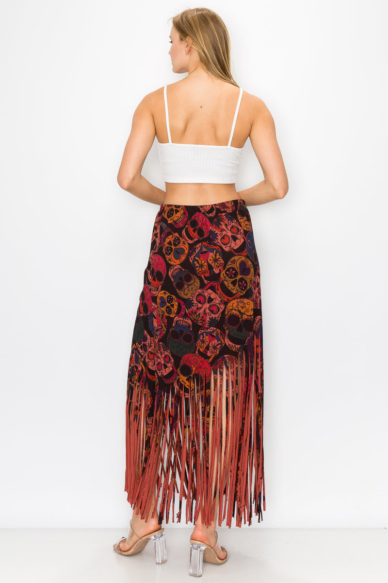 Asymmetric Skull Printed Women Fringe Skirt