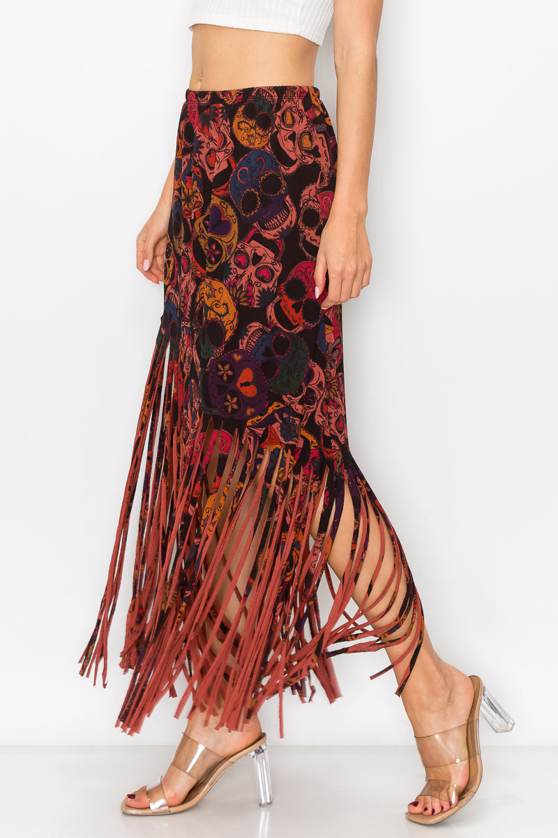 Asymmetric Skull Printed Women Fringe Skirt