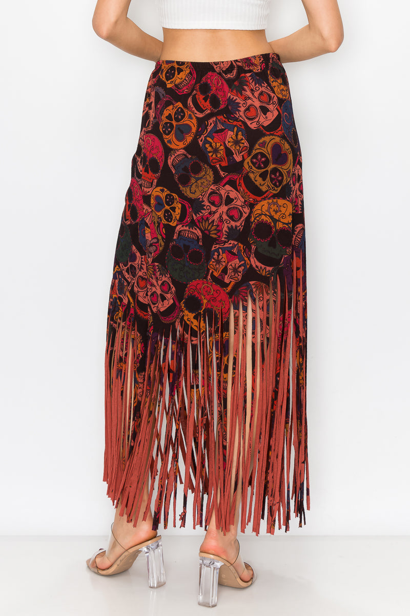 Asymmetric Skull Printed Women Fringe Skirt