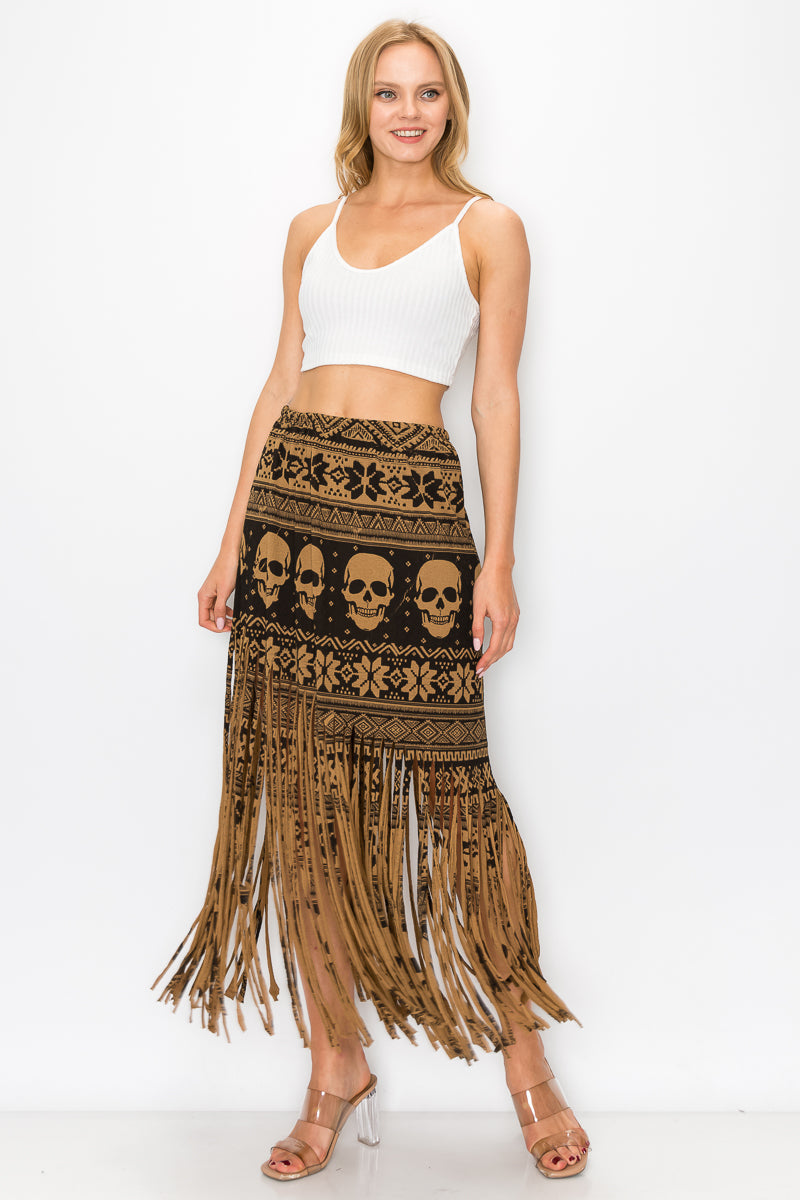 Elastic Waist Skull Printed Fringe Skirt