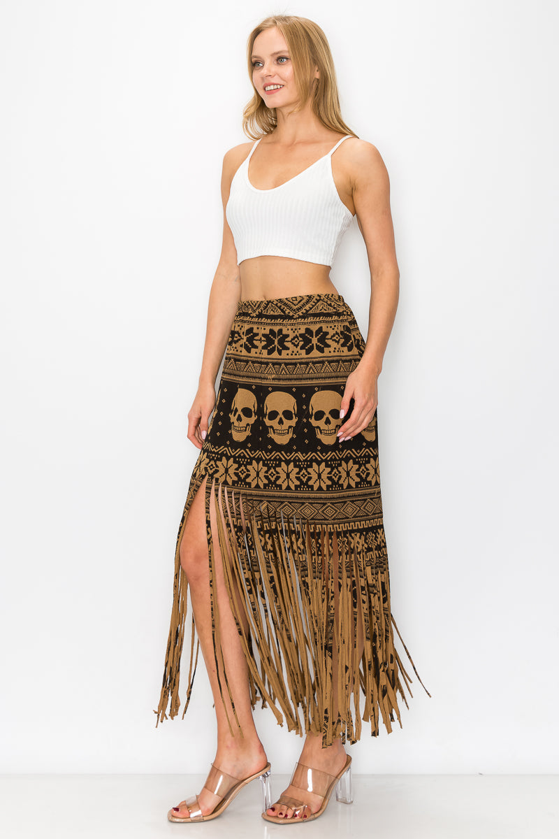 Elastic Waist Skull Printed Fringe Skirt