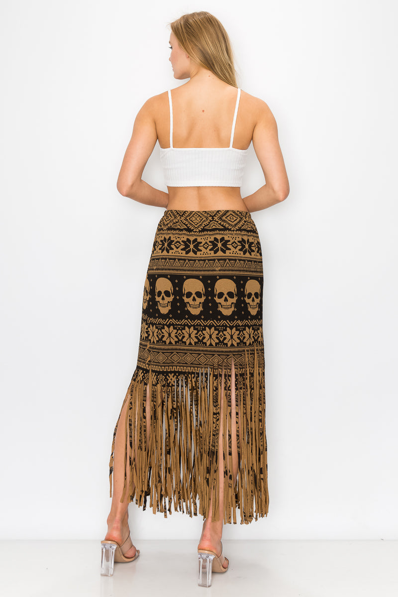 Elastic Waist Skull Printed Fringe Skirt