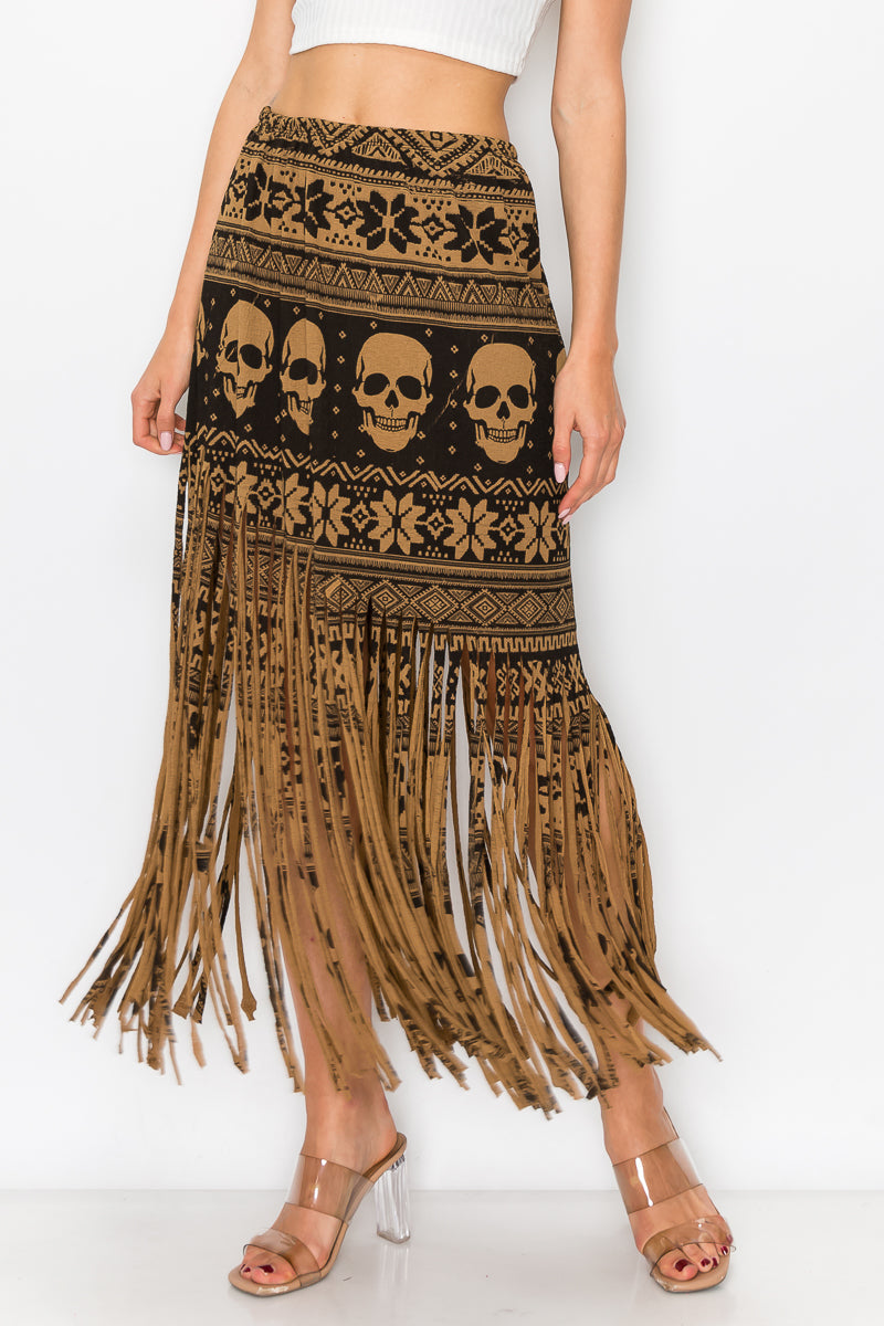 Elastic Waist Skull Printed Fringe Skirt