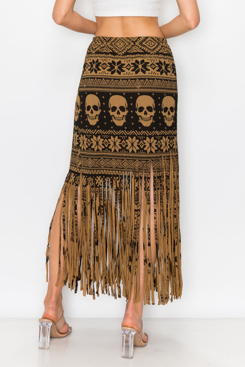 Elastic Waist Skull Printed Fringe Skirt