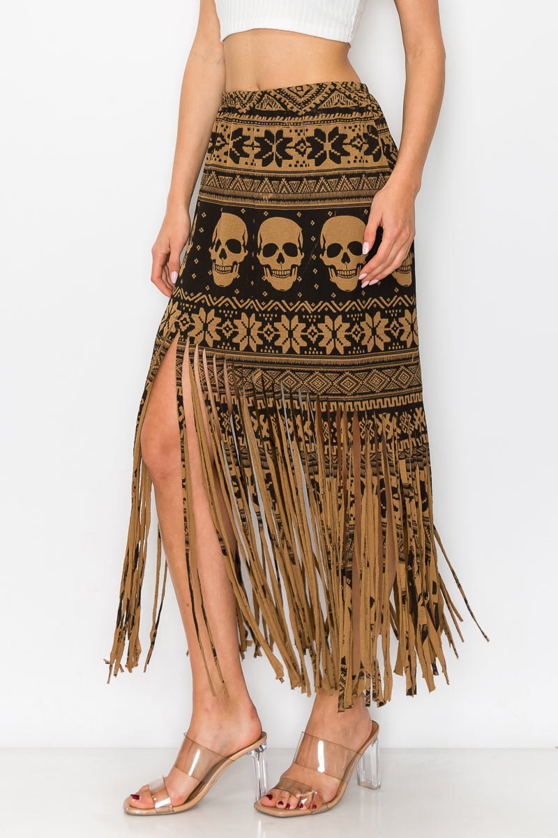 Elastic Waist Skull Printed Fringe Skirt