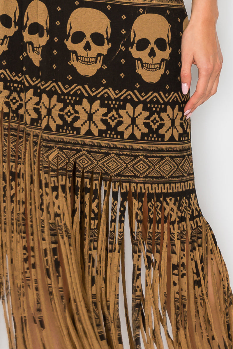 Elastic Waist Skull Printed Fringe Skirt