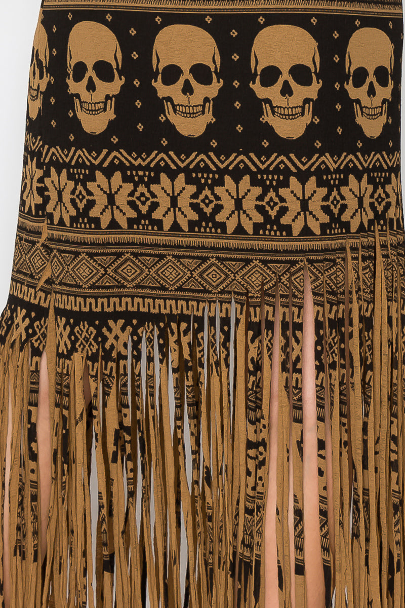 Elastic Waist Skull Printed Fringe Skirt