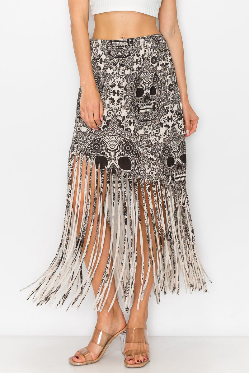 Sublimation Skull Printed Elastic Waist Fringe Skirt