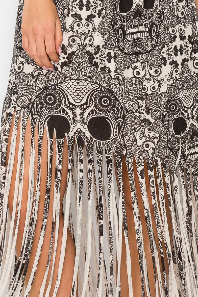 Sublimation Skull Printed Elastic Waist Fringe Skirt